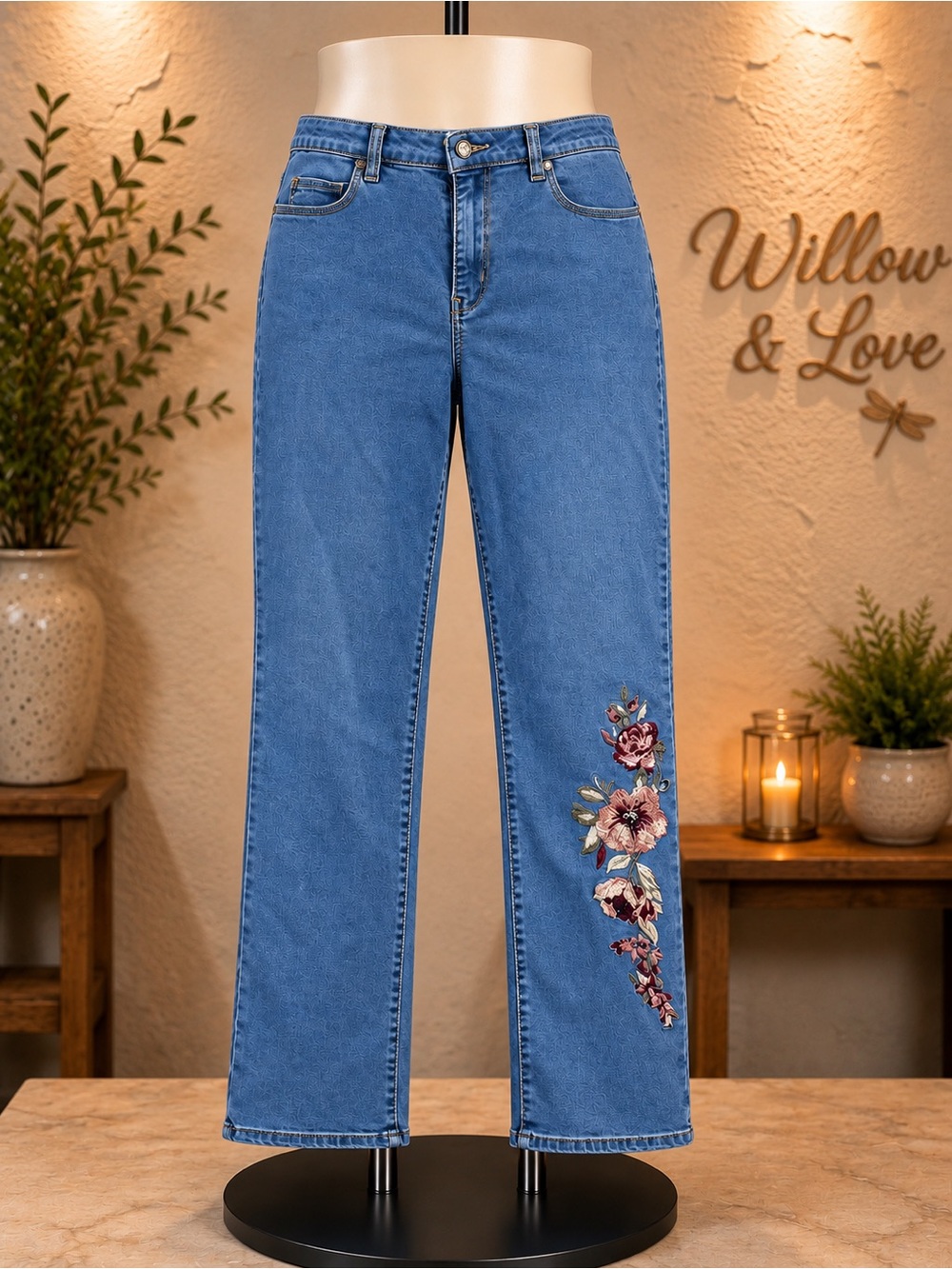 Coldwater Creek Blue Straight-Leg Jeans with Floral Embroidery